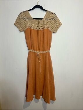 Handmade Boho Crochet Yoke Rust Dress No Label No Size